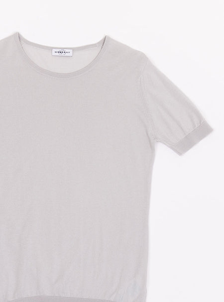 Flat lay of women's cloud grey short sleeved knit top in a luxury and premium sea island cotton.